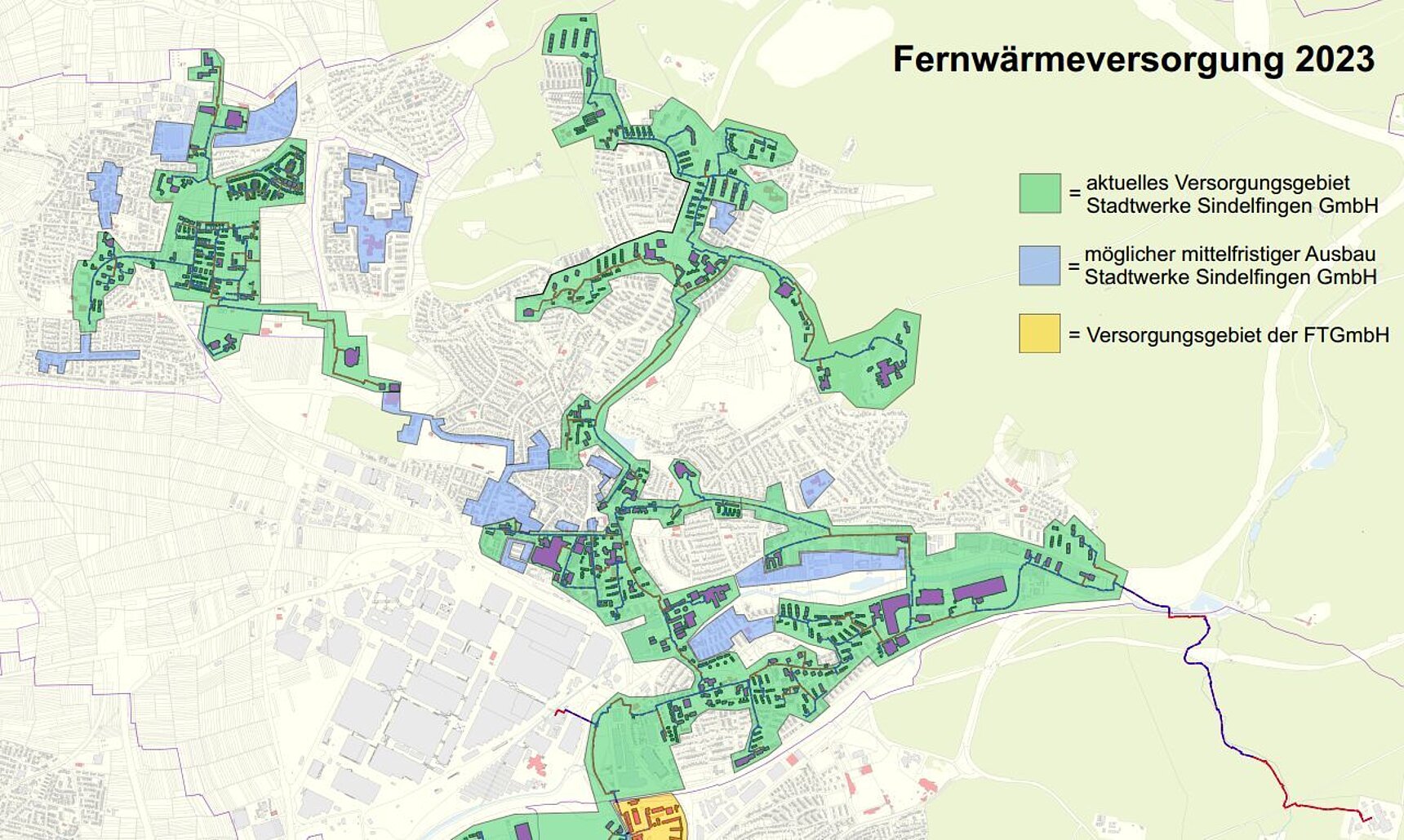 Übersichtskarte der Fernwärmeversorgung 2023 einiger Stadtgebiete. Versorgungsgebiete sowie der mögliche Ausbau sind farblich markiert.