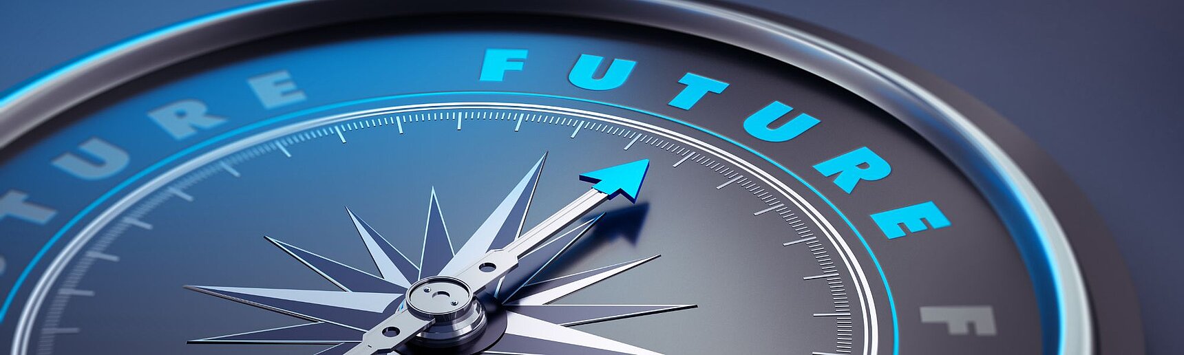Nahaufnahme eines Kompasses, dessen Nadel in die Richtung des Wortes "Future" zeigt.