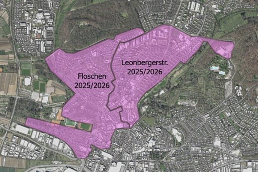 Kartenansicht der Wohngebiete Floschen und Leonbergerstraße. Einige Bereiche sind farbig markiert.